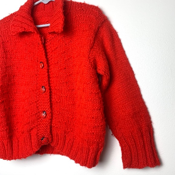 Vintage Hand Knit Red Ladybug Cardigan Sweater - Picture 8 of 16